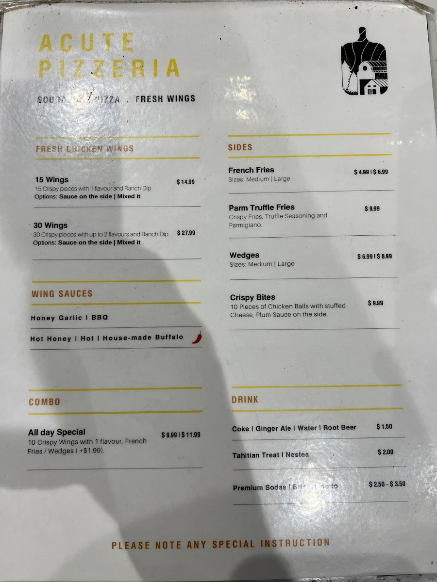 Menu, Acute Pizzeria