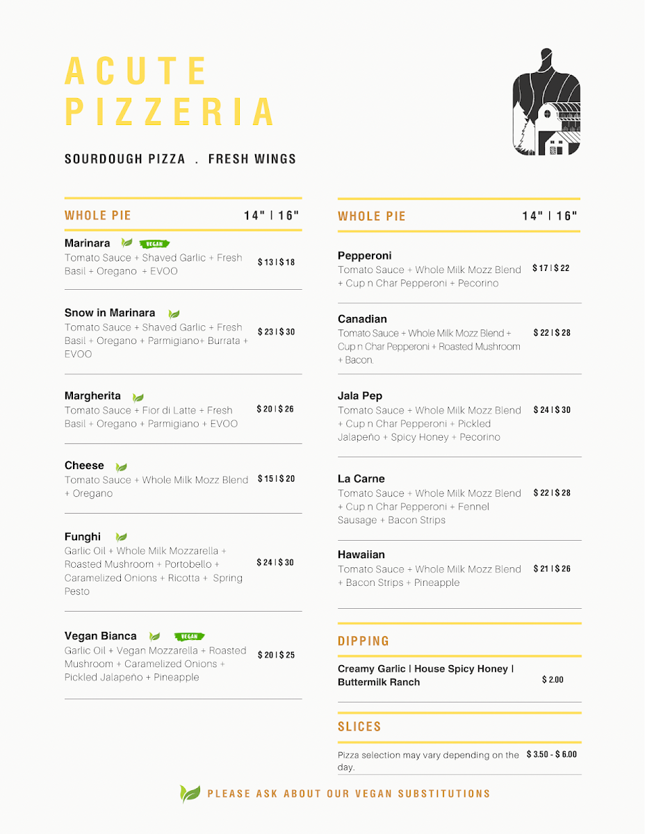 Menu, Acute Pizzeria