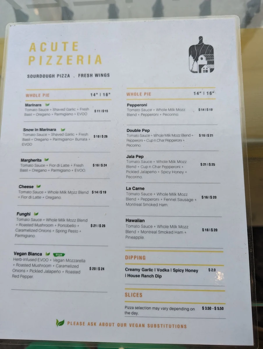 Menu, Acute Pizzeria
