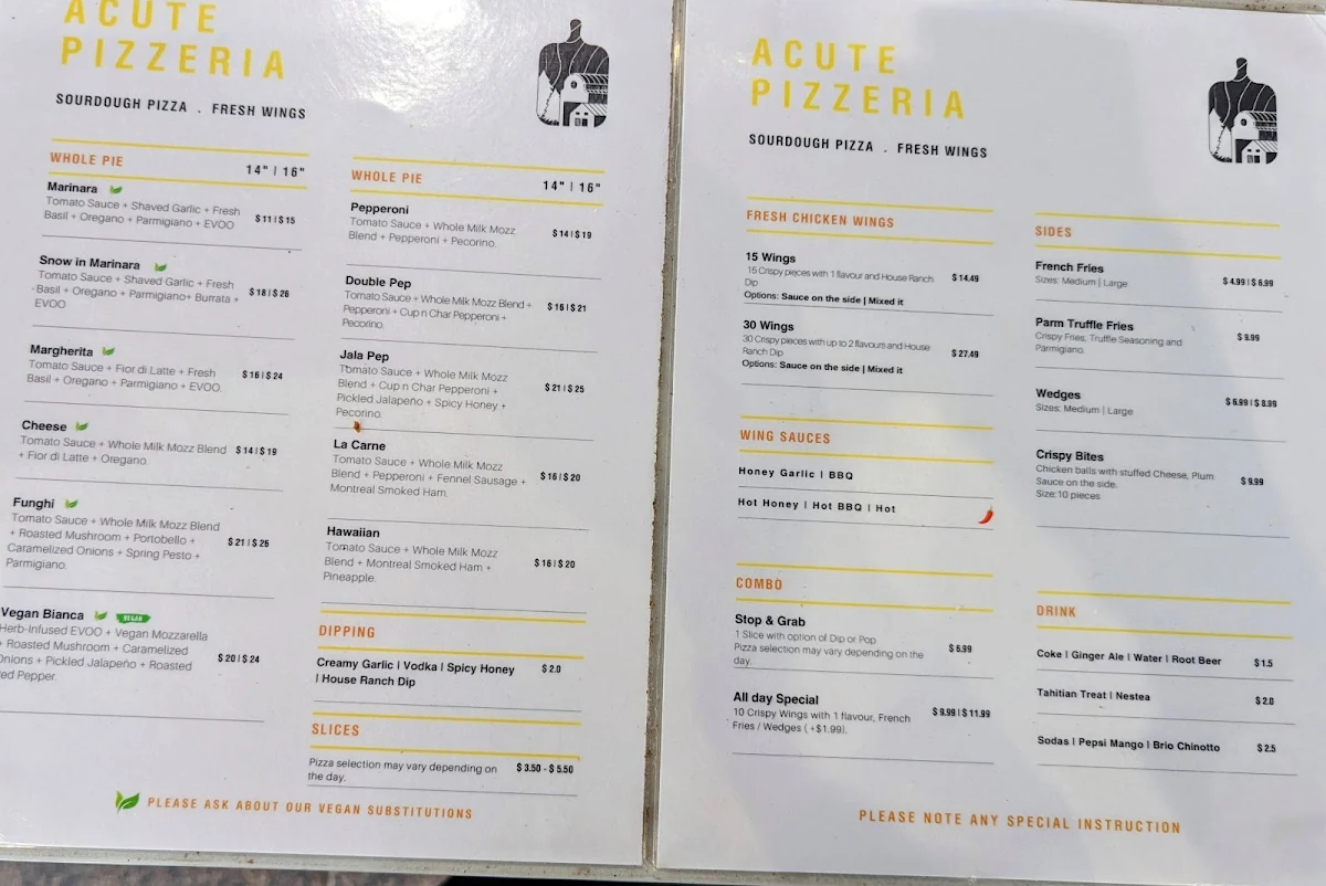Menu, Acute Pizzeria
