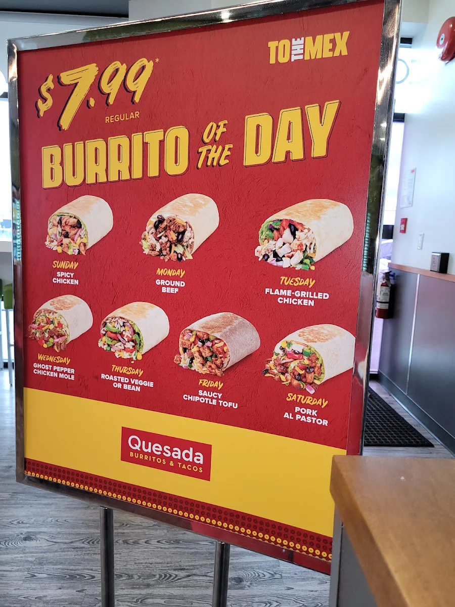 Menu, Quesada Burritos & Tacos