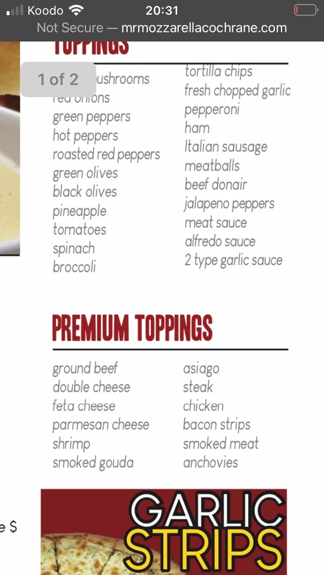 Menu, Mr Mozzarella Cochrane