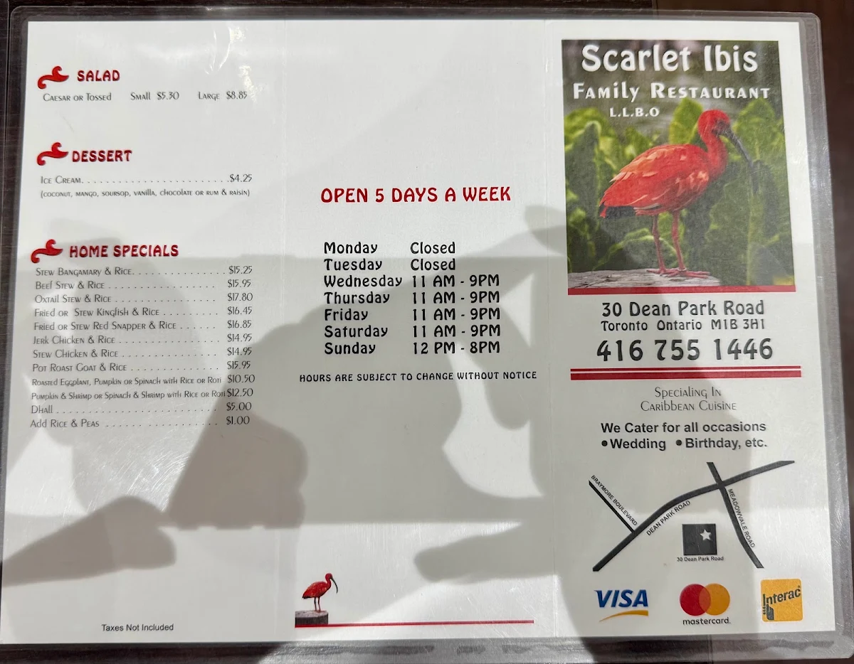 Menu, Scarlet Ibis Family Restaurant