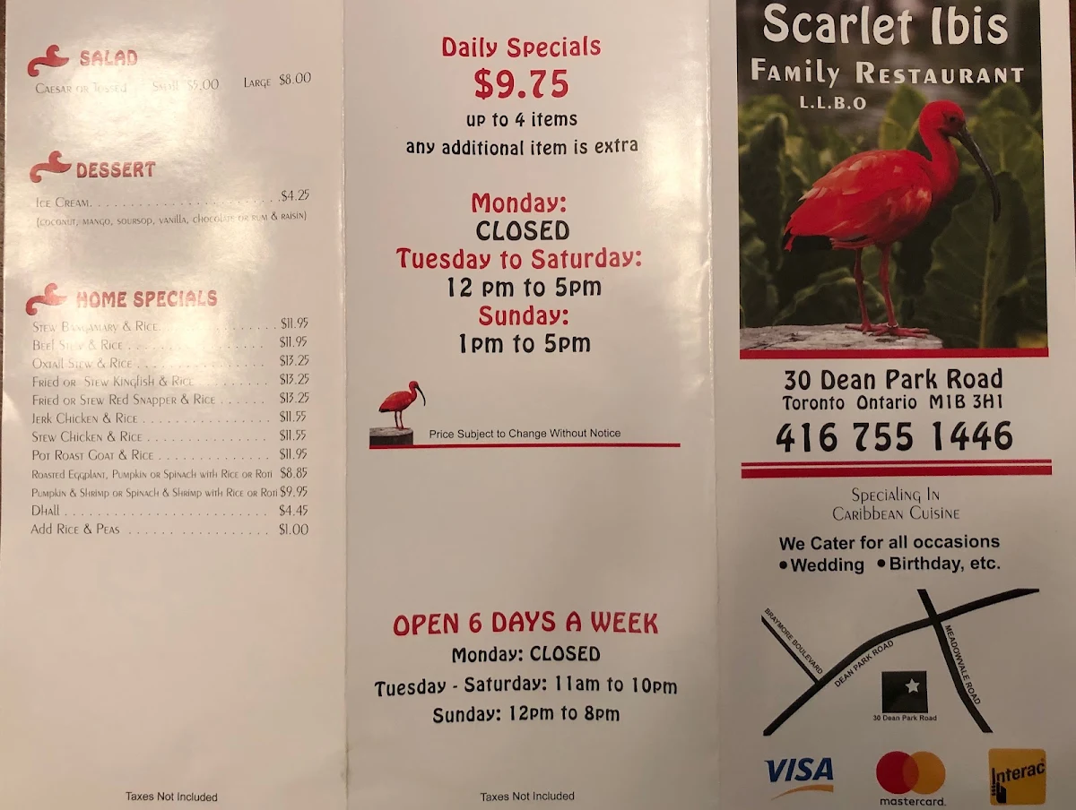 Menu, Scarlet Ibis Family Restaurant