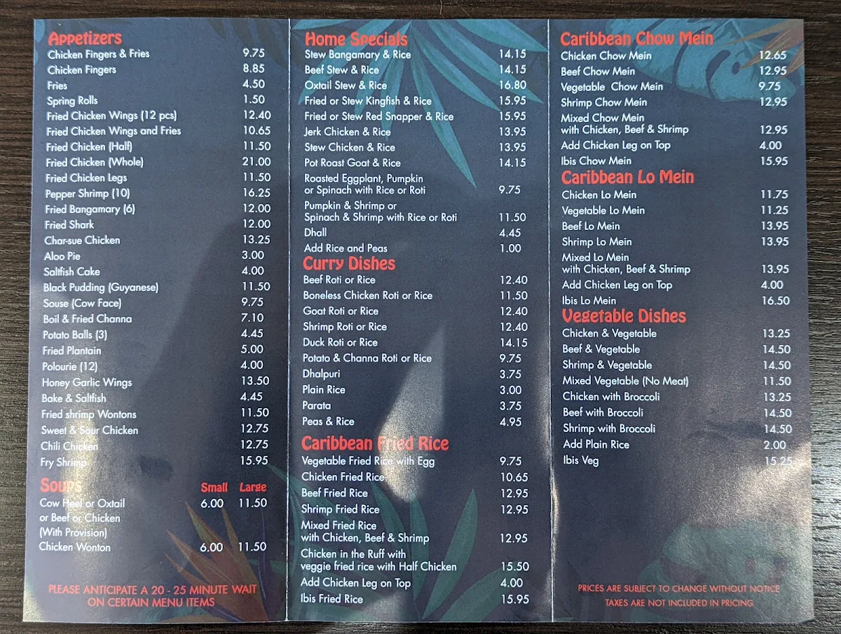 Menu, Scarlet Ibis Family Restaurant