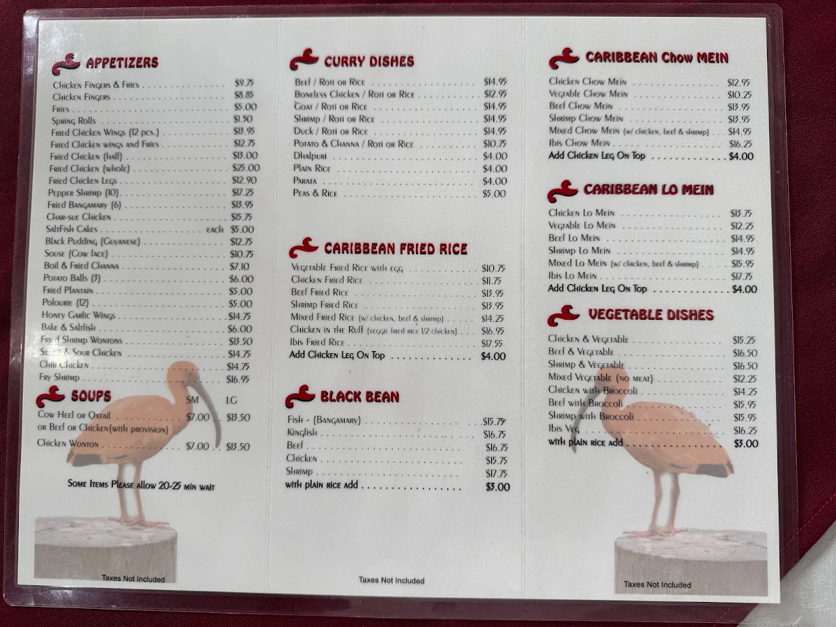 Menu, Scarlet Ibis Family Restaurant