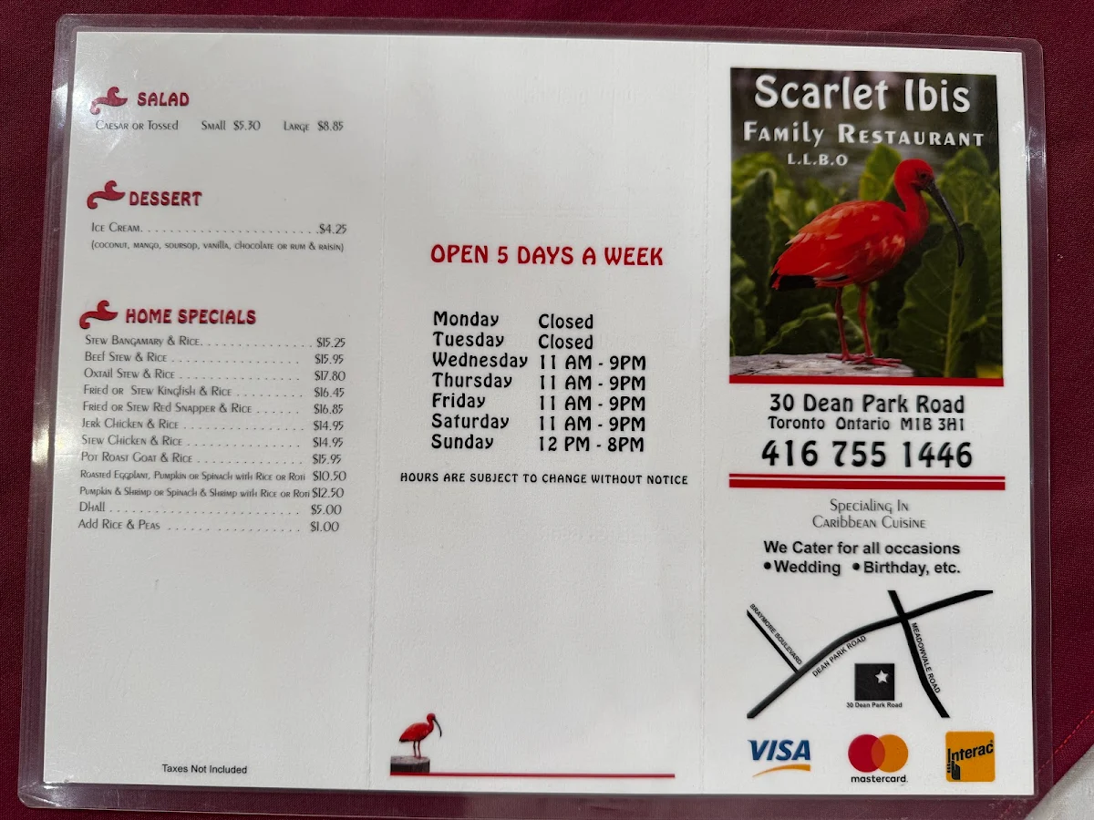 Menu, Scarlet Ibis Family Restaurant