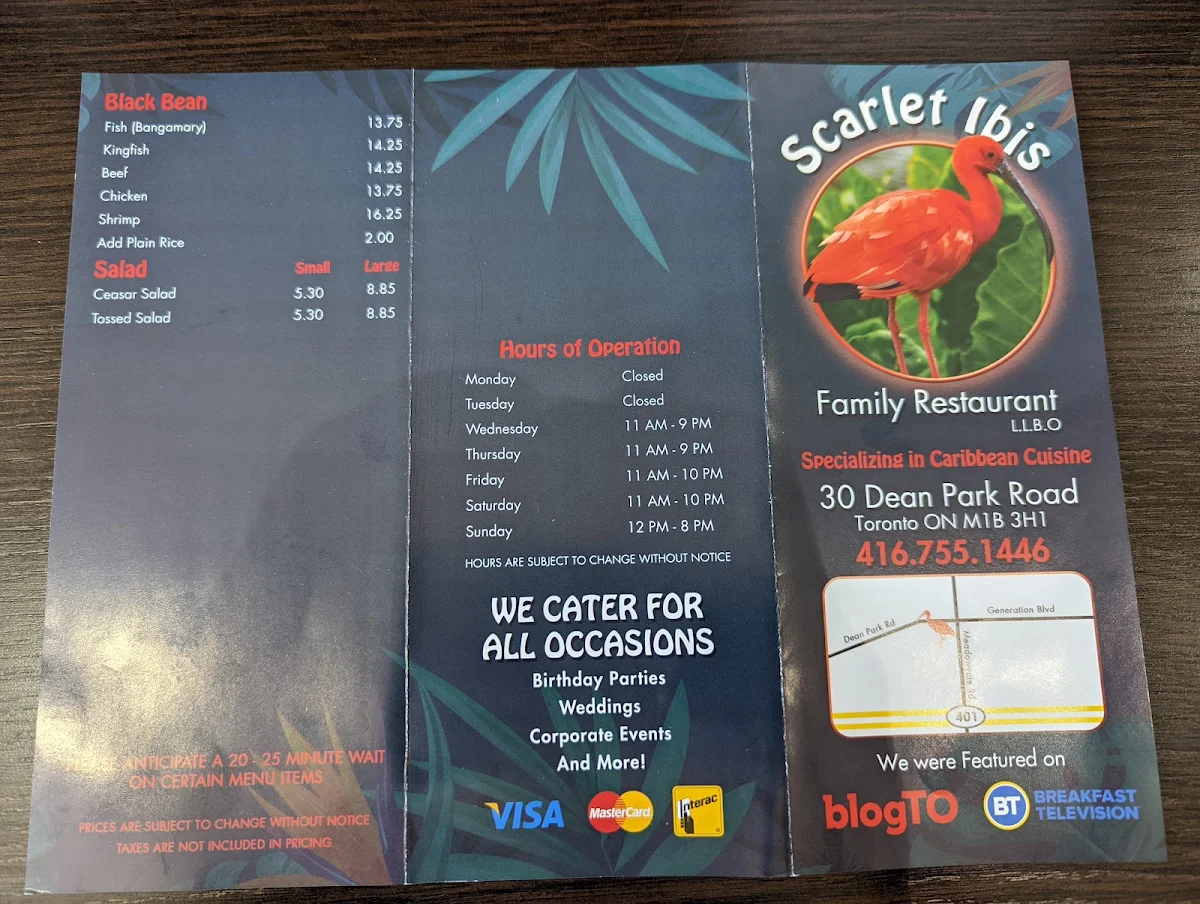 Menu, Scarlet Ibis Family Restaurant