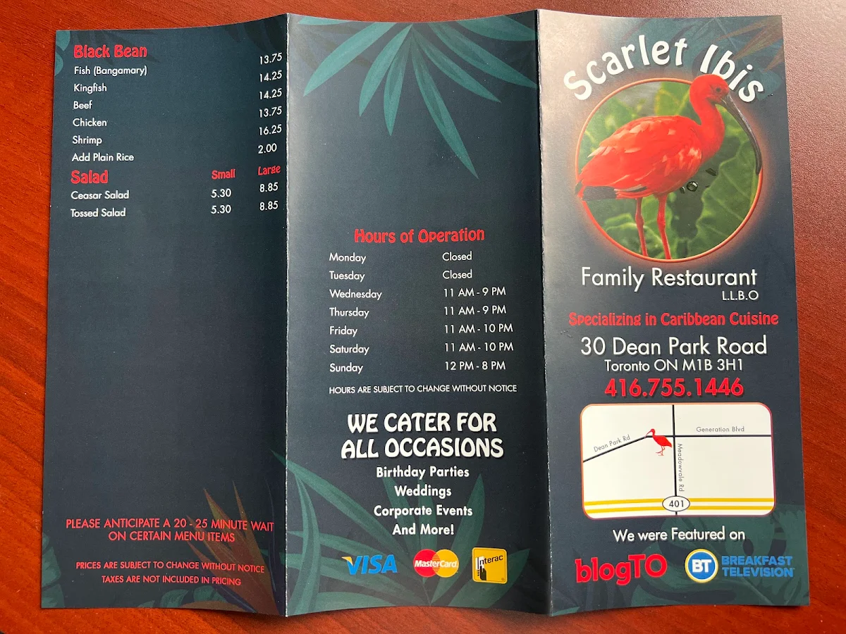 Menu, Scarlet Ibis Family Restaurant