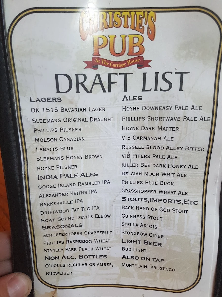 Menu, Christie's Carriage House Pub