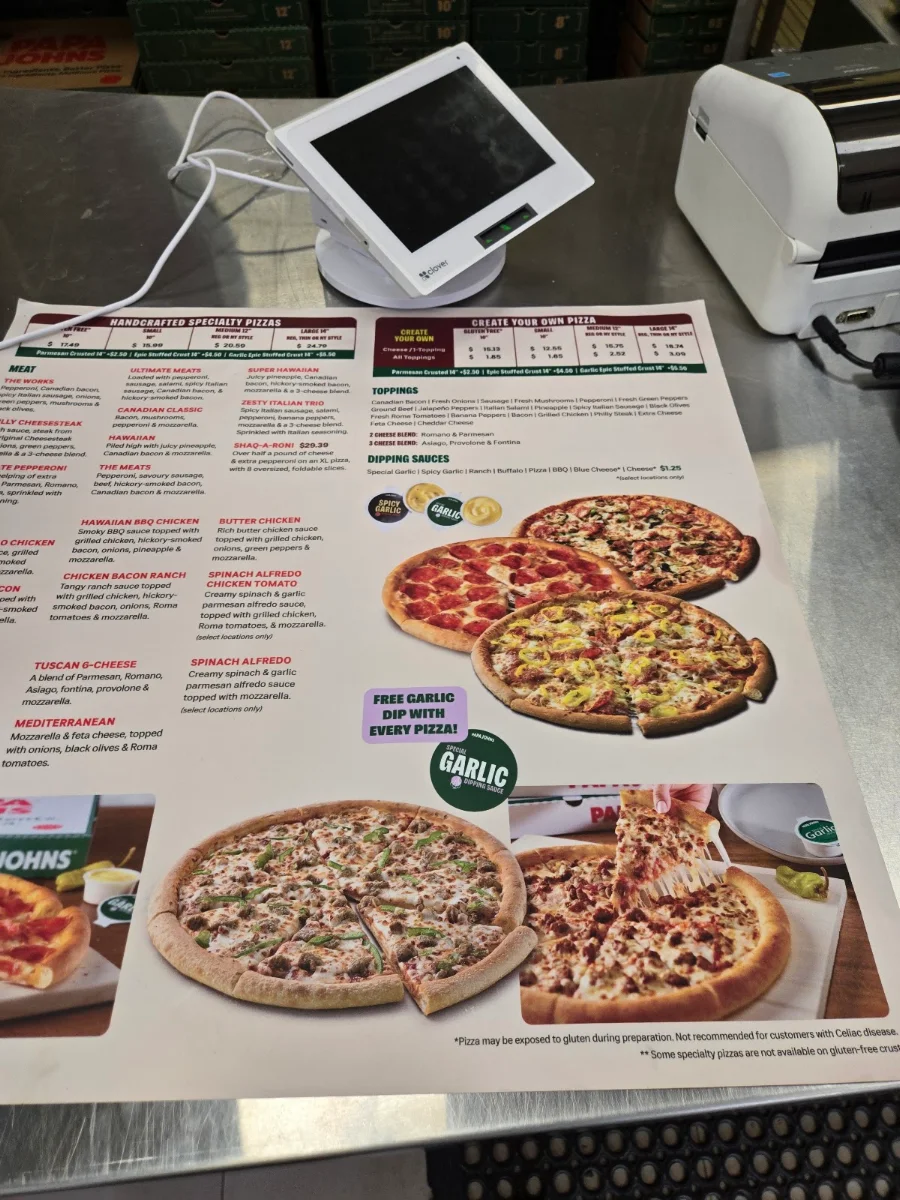 Menu, Papa Johns Pizza