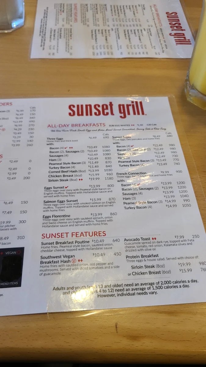 Menu, Sunset Grill