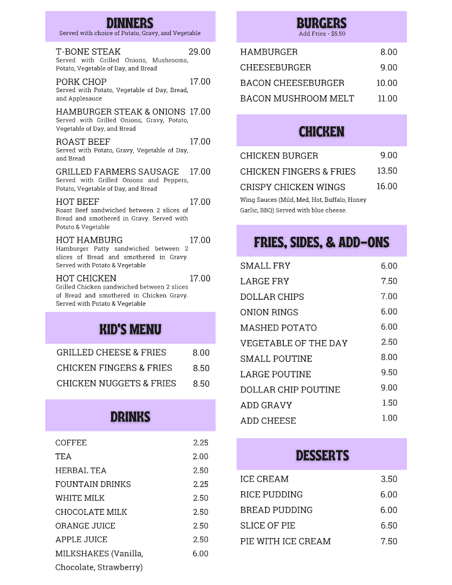 Menu, Erlind's Restaurant