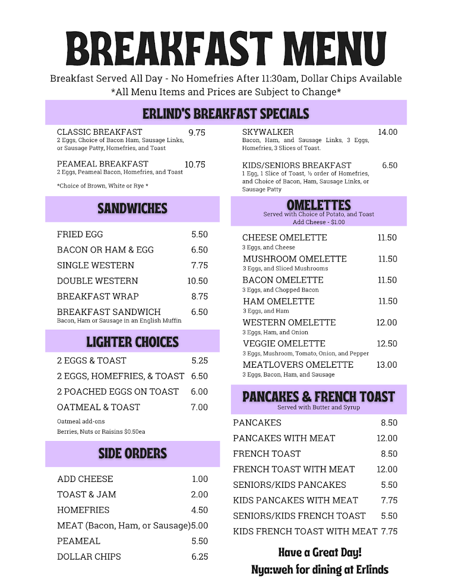Menu, Erlind's Restaurant