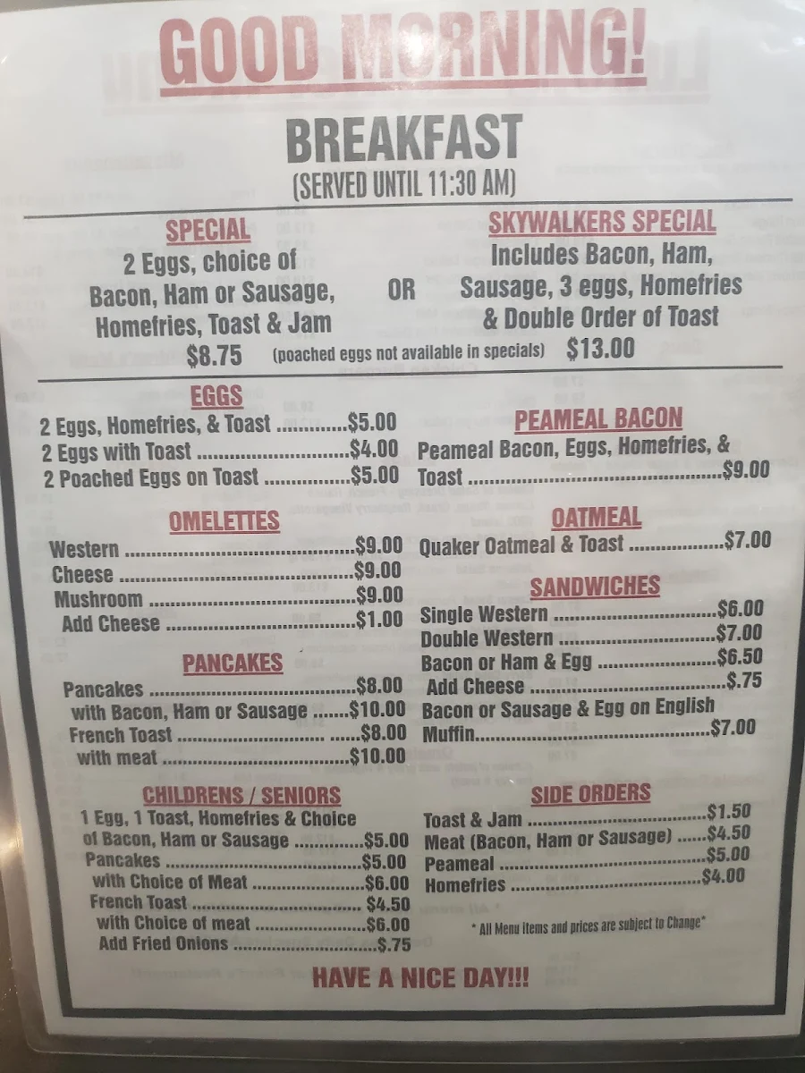 Menu, Erlind's Restaurant