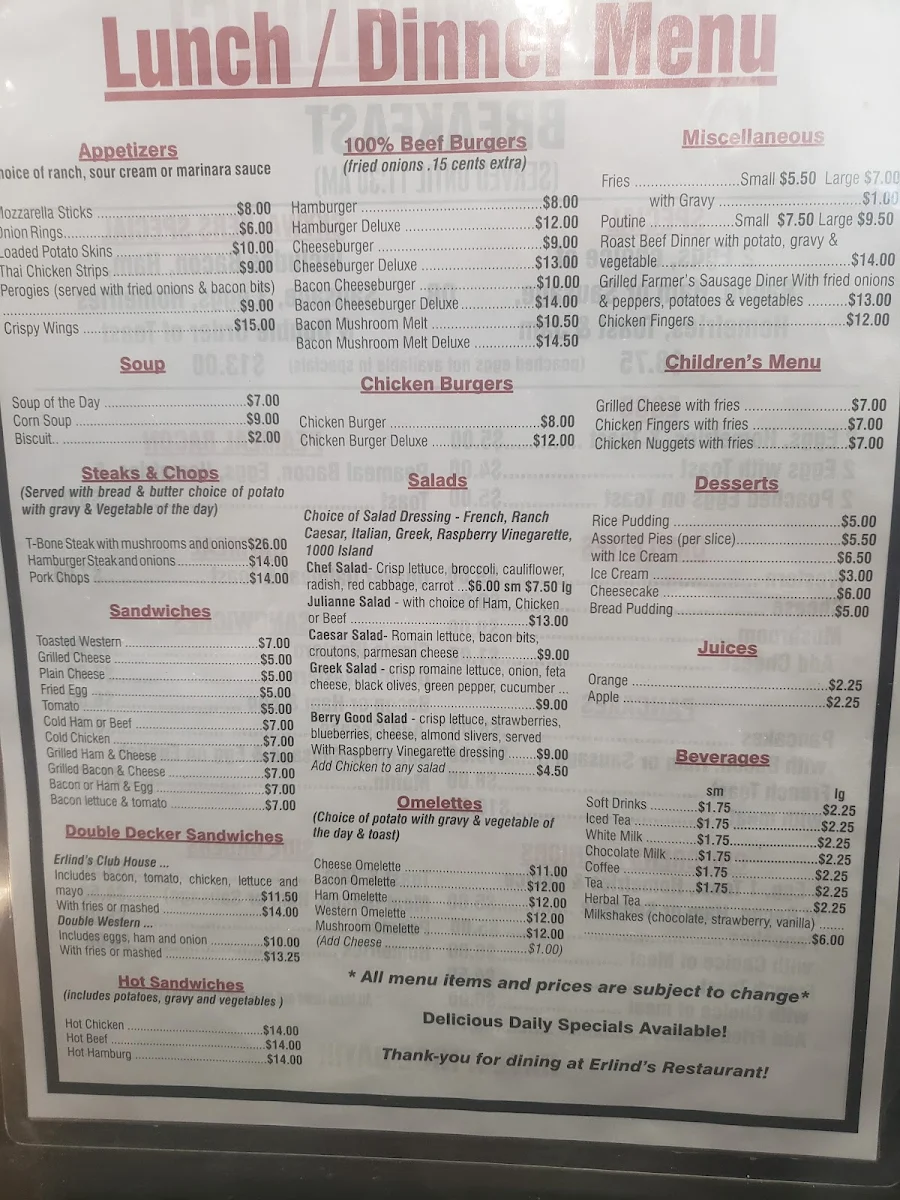 Menu, Erlind's Restaurant