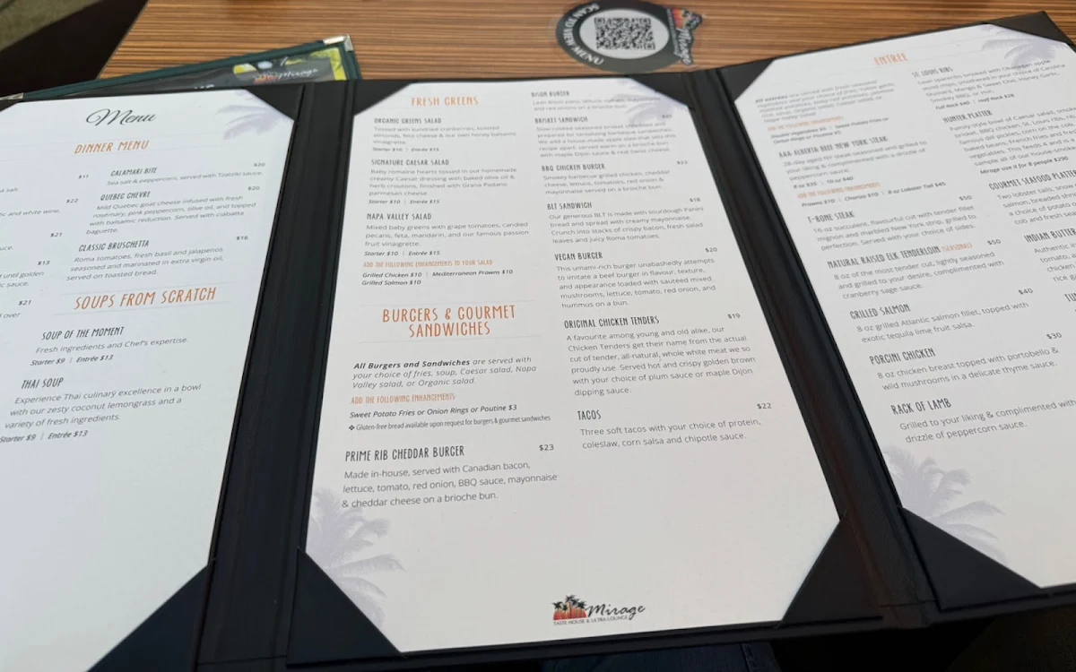 Menu, The Mirage Taste House & The Ultra Lounge