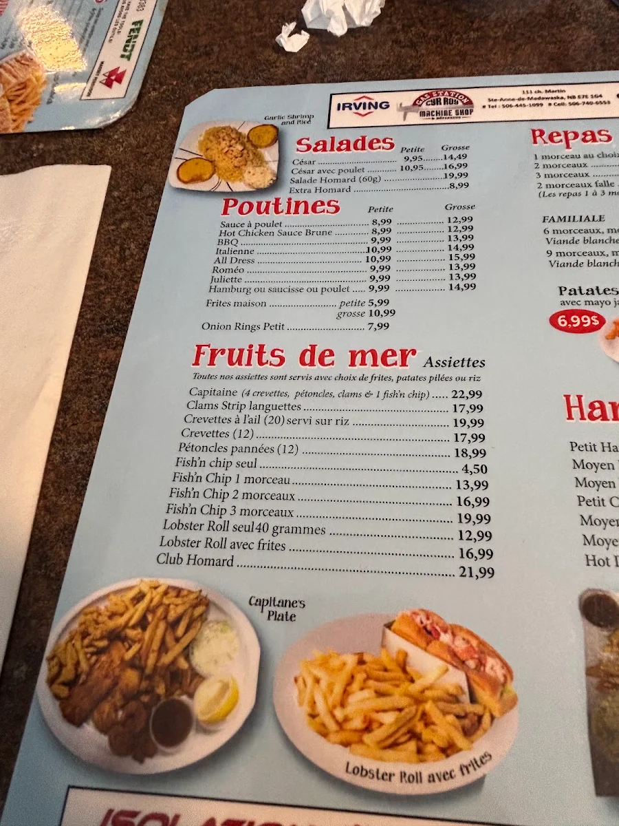 Menu, Ouellet Fish and Family Restaurant