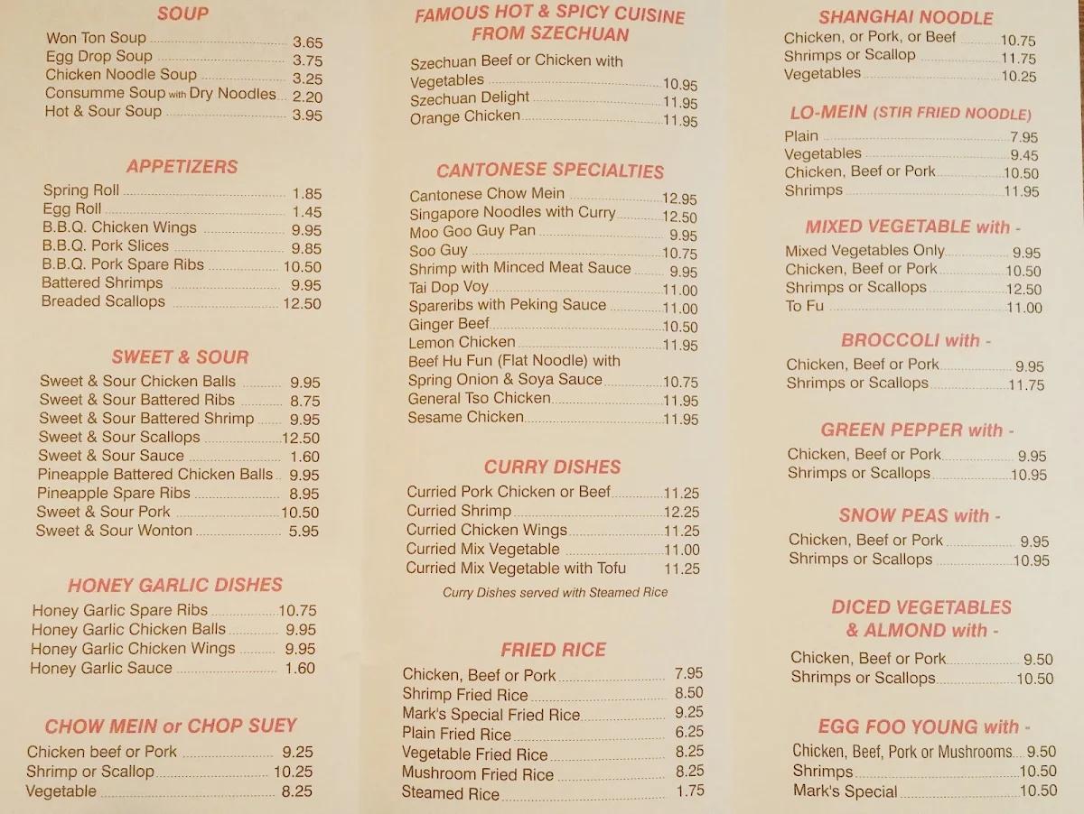 Menu, Mark's Restaurant