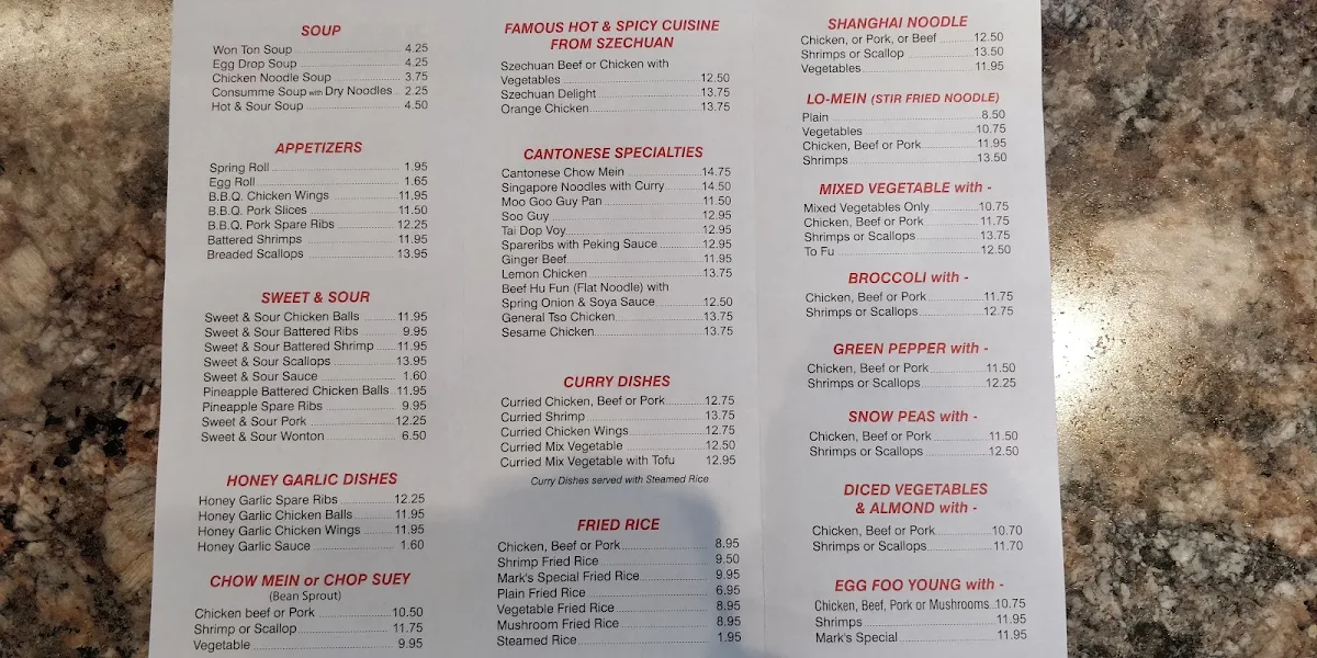 Menu, Mark's Restaurant