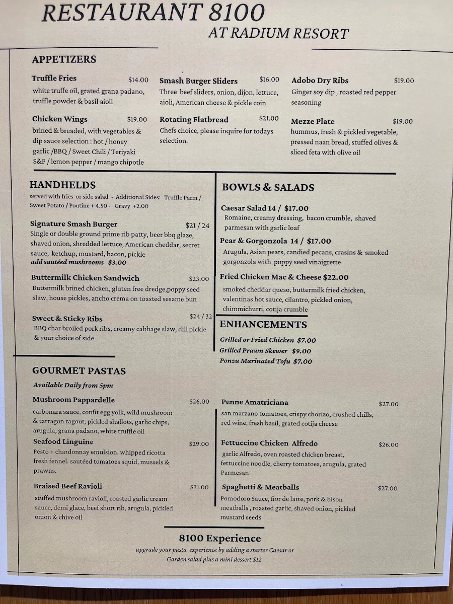 Menu, Restaurant 8100 @ Radium