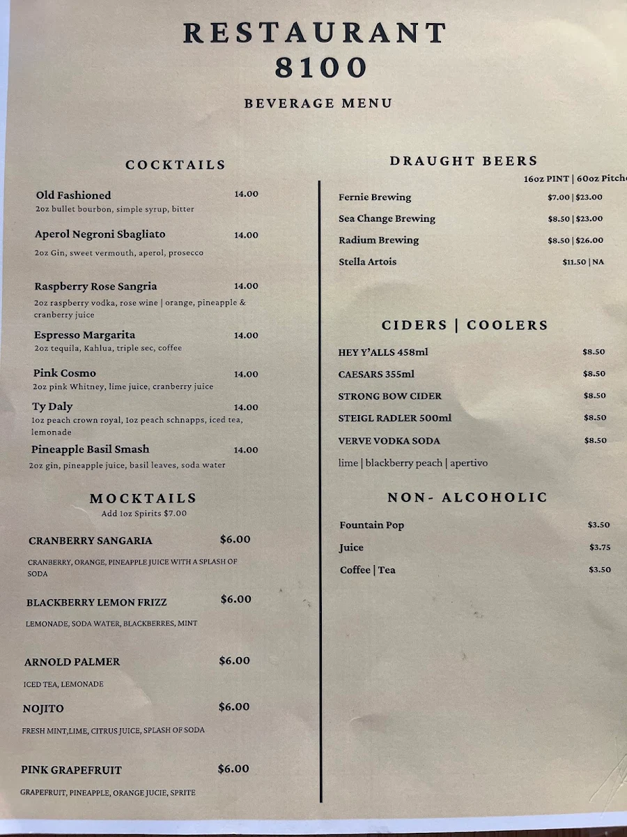 Menu, Restaurant 8100 @ Radium