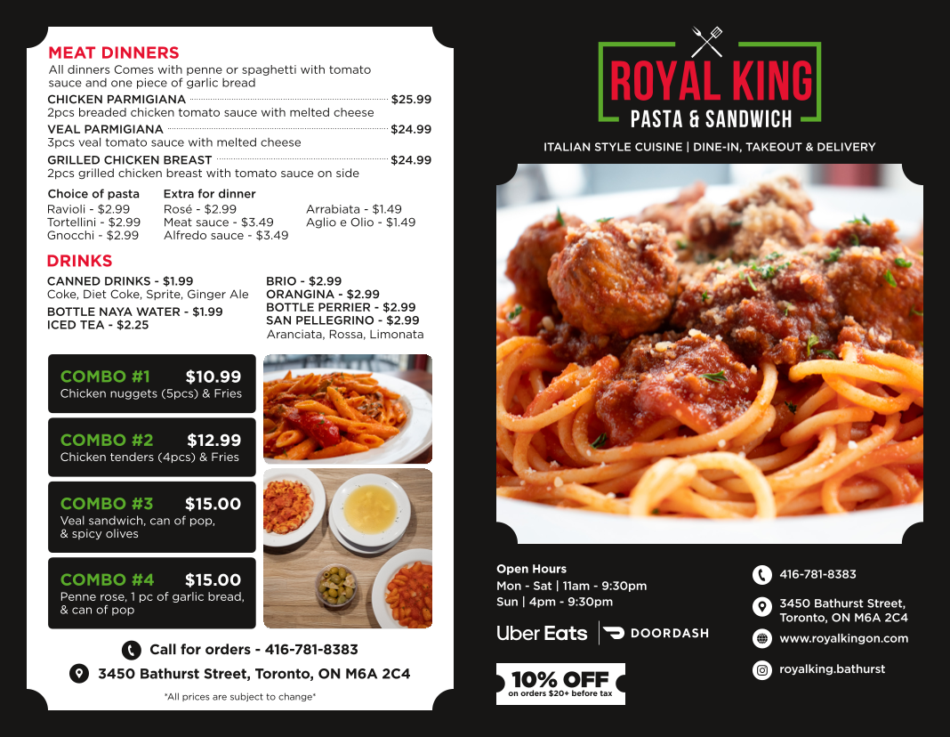 Menu, Royal King Pasta & Sandwiches