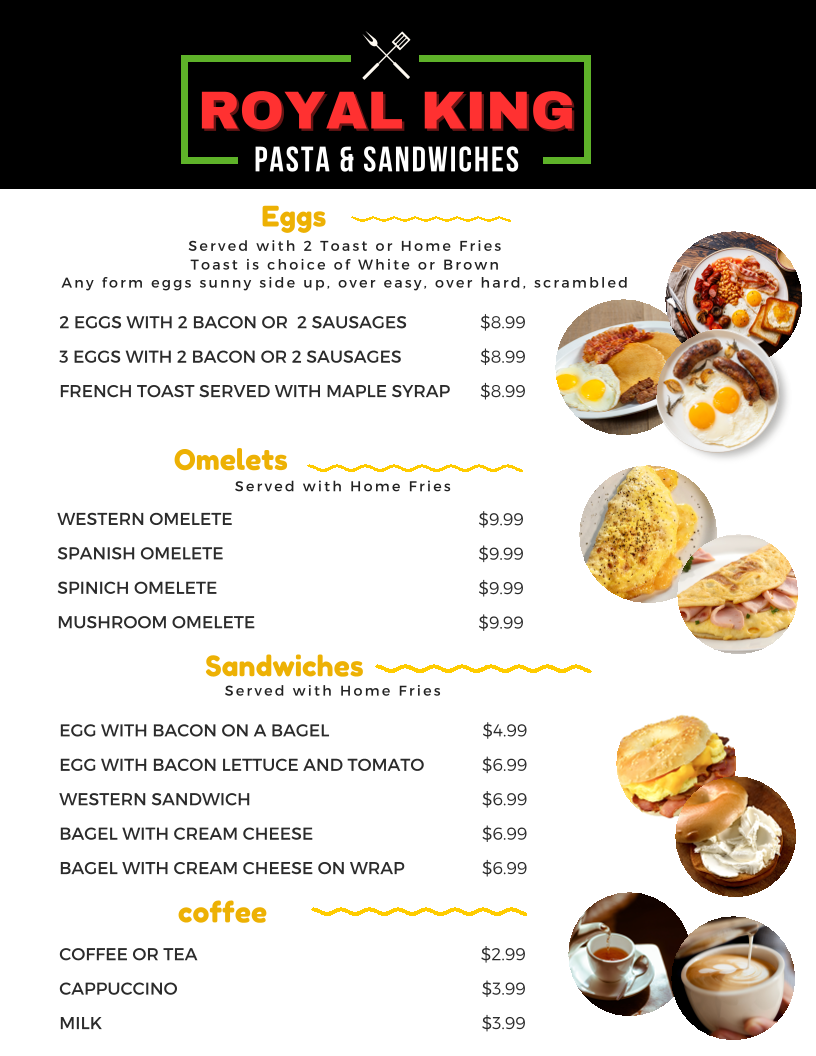 Menu, Royal King Pasta & Sandwiches