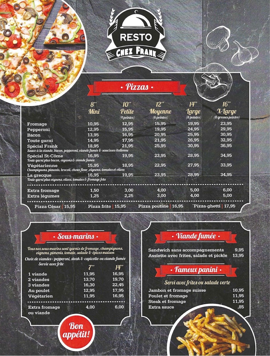 Menu, Resto Chez Frank
