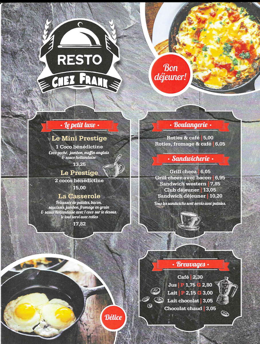 Menu, Resto Chez Frank