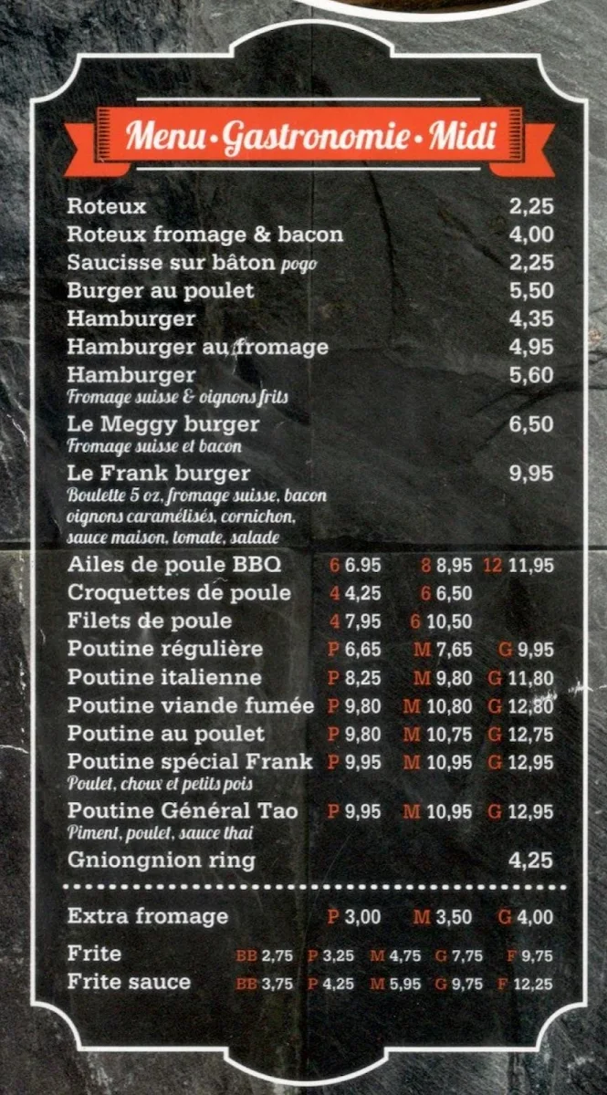 Menu, Resto Chez Frank