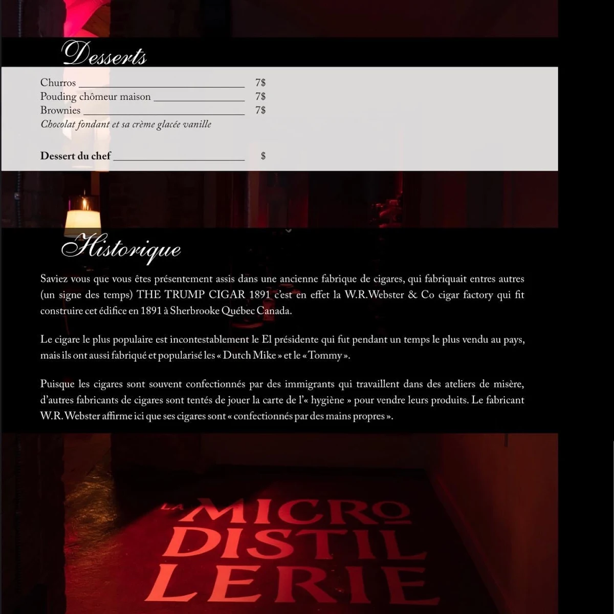 Menu, La Microdistillerie