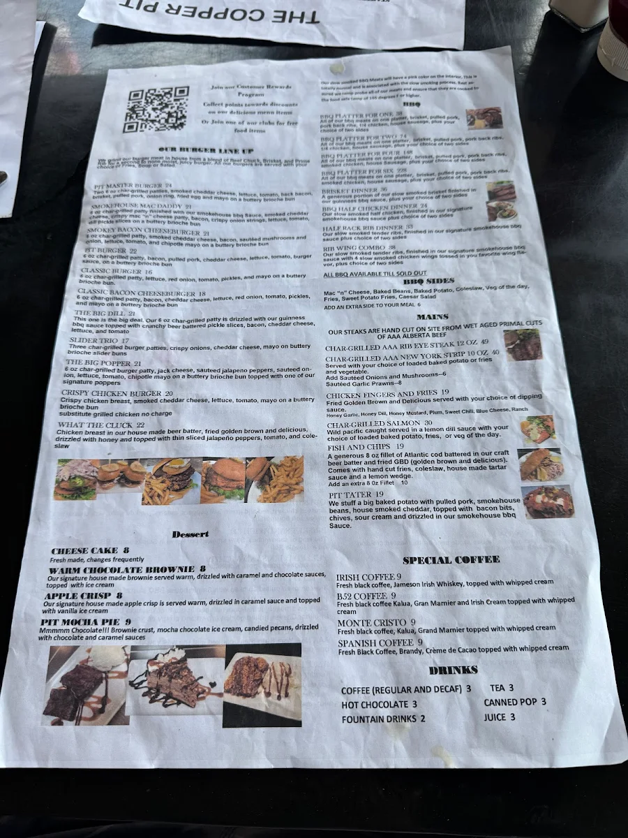 Menu, The Copper Pit