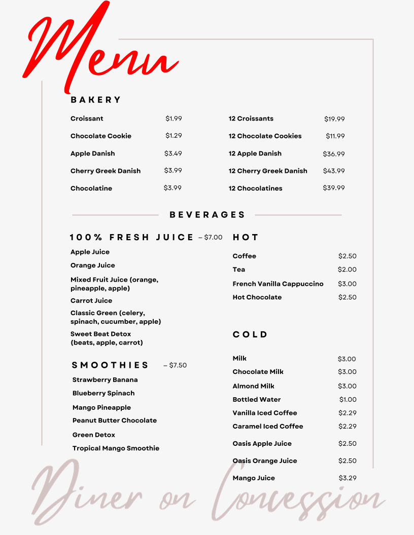 Menu, Diner on Concession