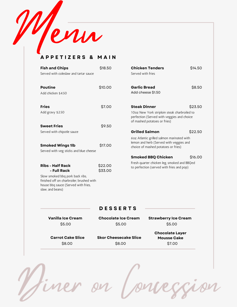 Menu, Diner on Concession