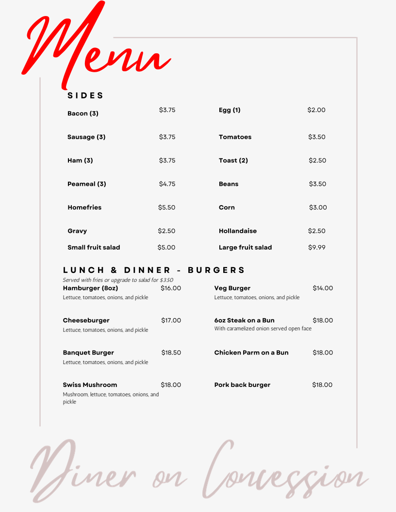 Menu, Diner on Concession