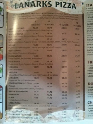 Menu, Lanark Pizzeria