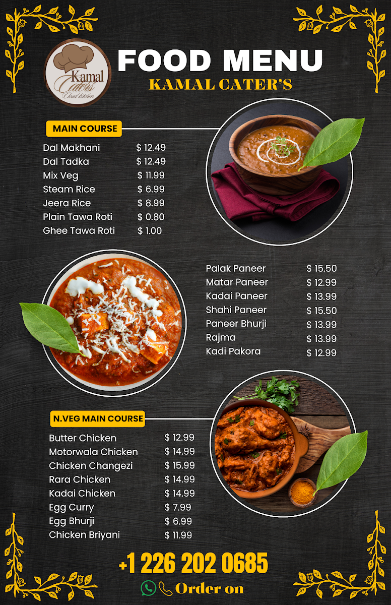 Menu, kamal caterer’s