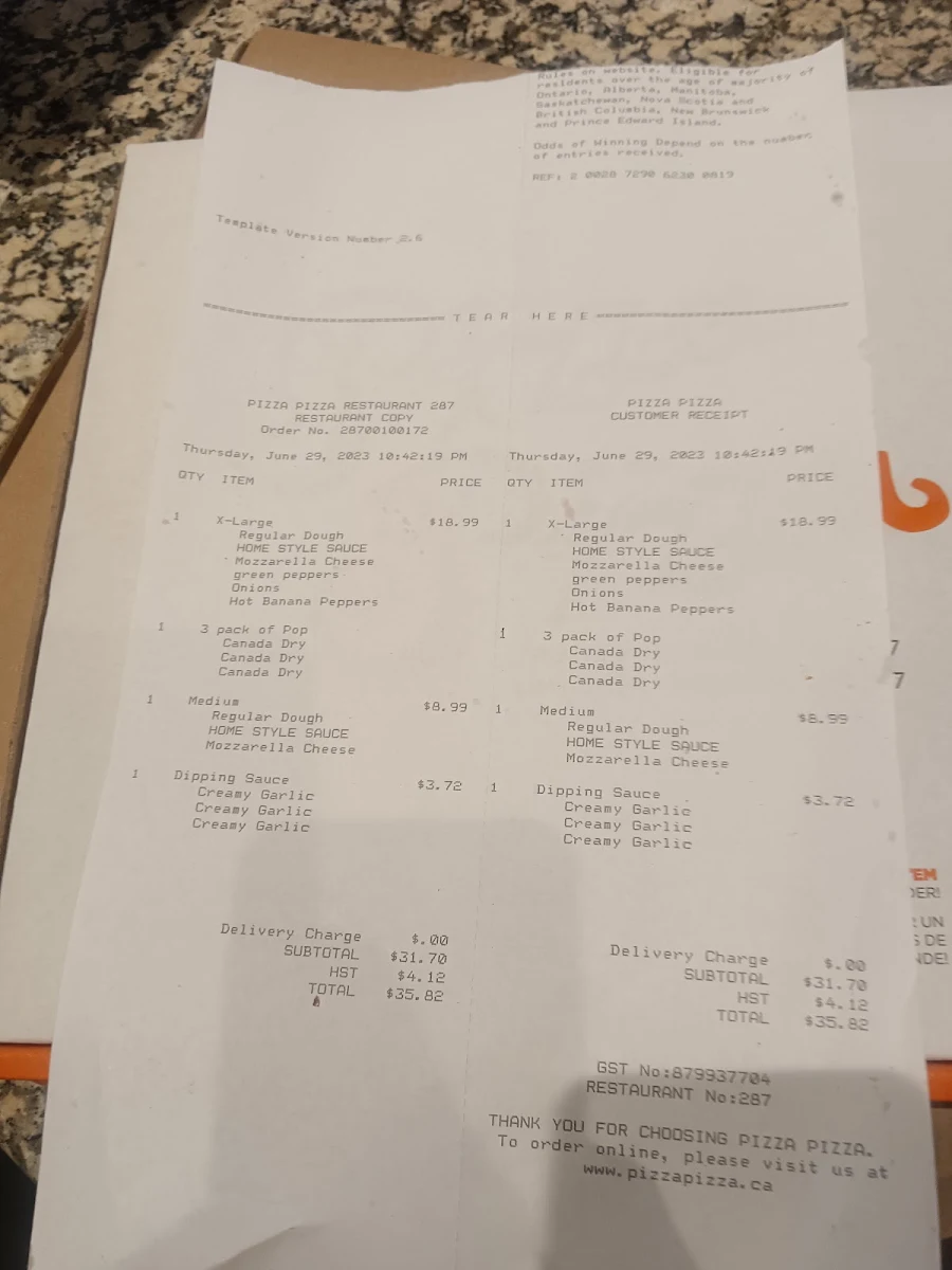Menu, Pizza Pizza