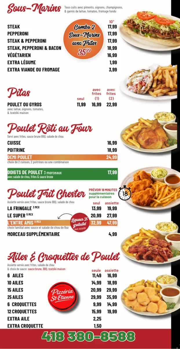 Menu, Pizzéria St-Étienne