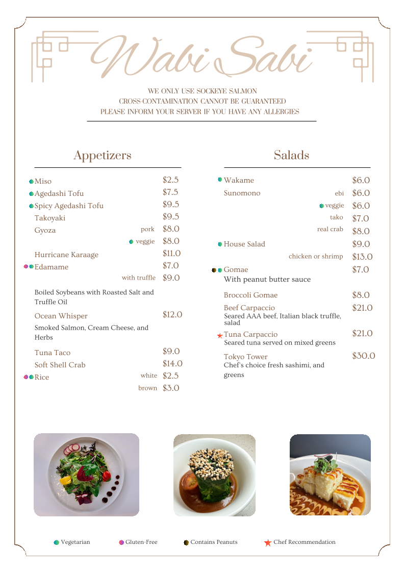 Menu, Wabi Sabi Sushi