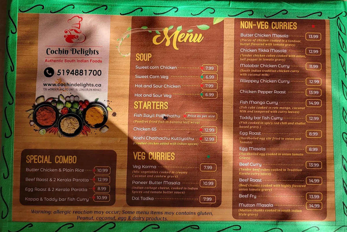 Menu, Cochin Delights