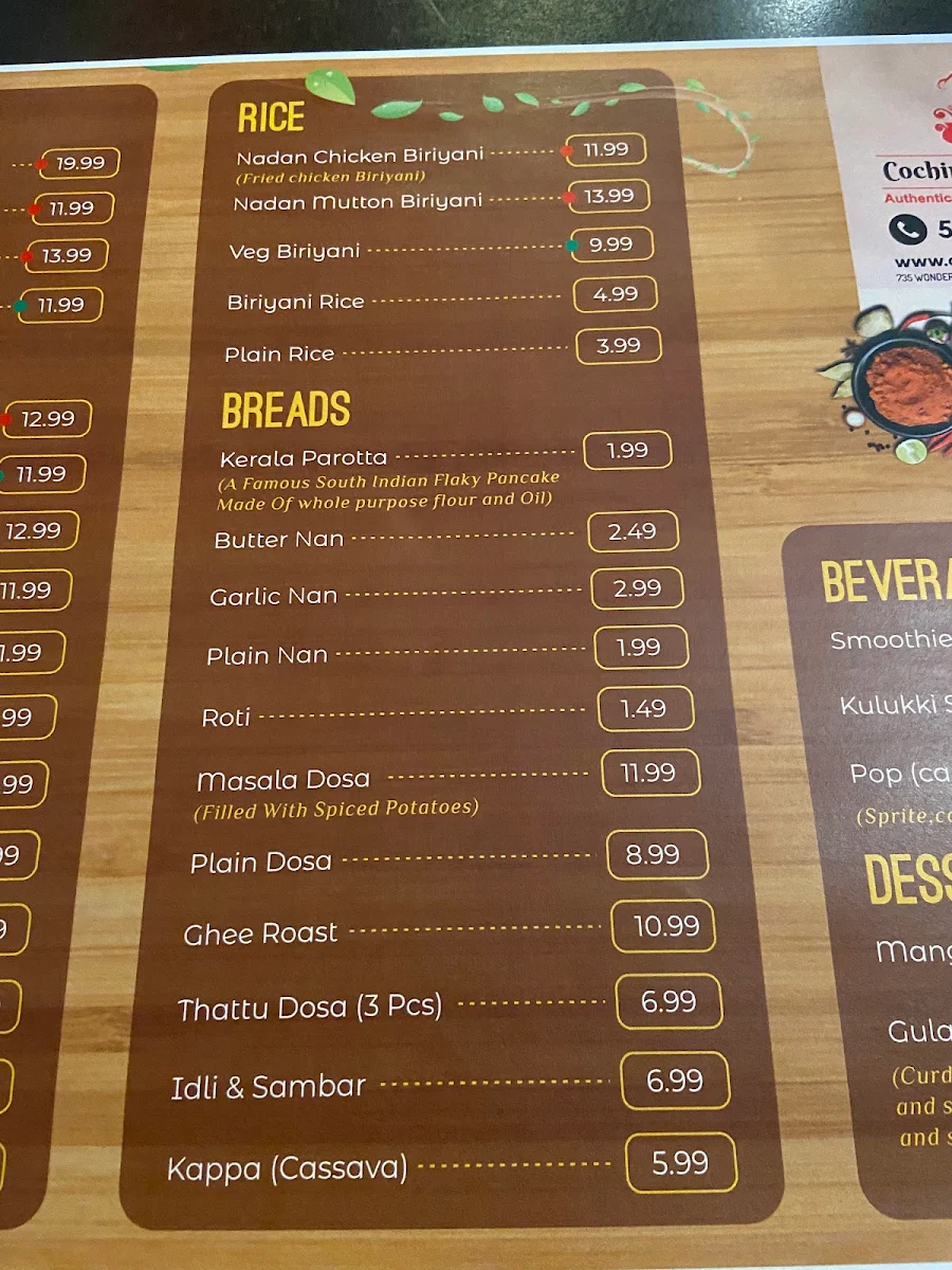 Menu, Cochin Delights