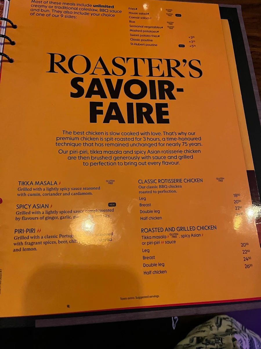 Menu, Rôtisserie St-Hubert