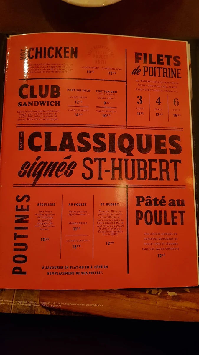 Menu, Rôtisserie St-Hubert