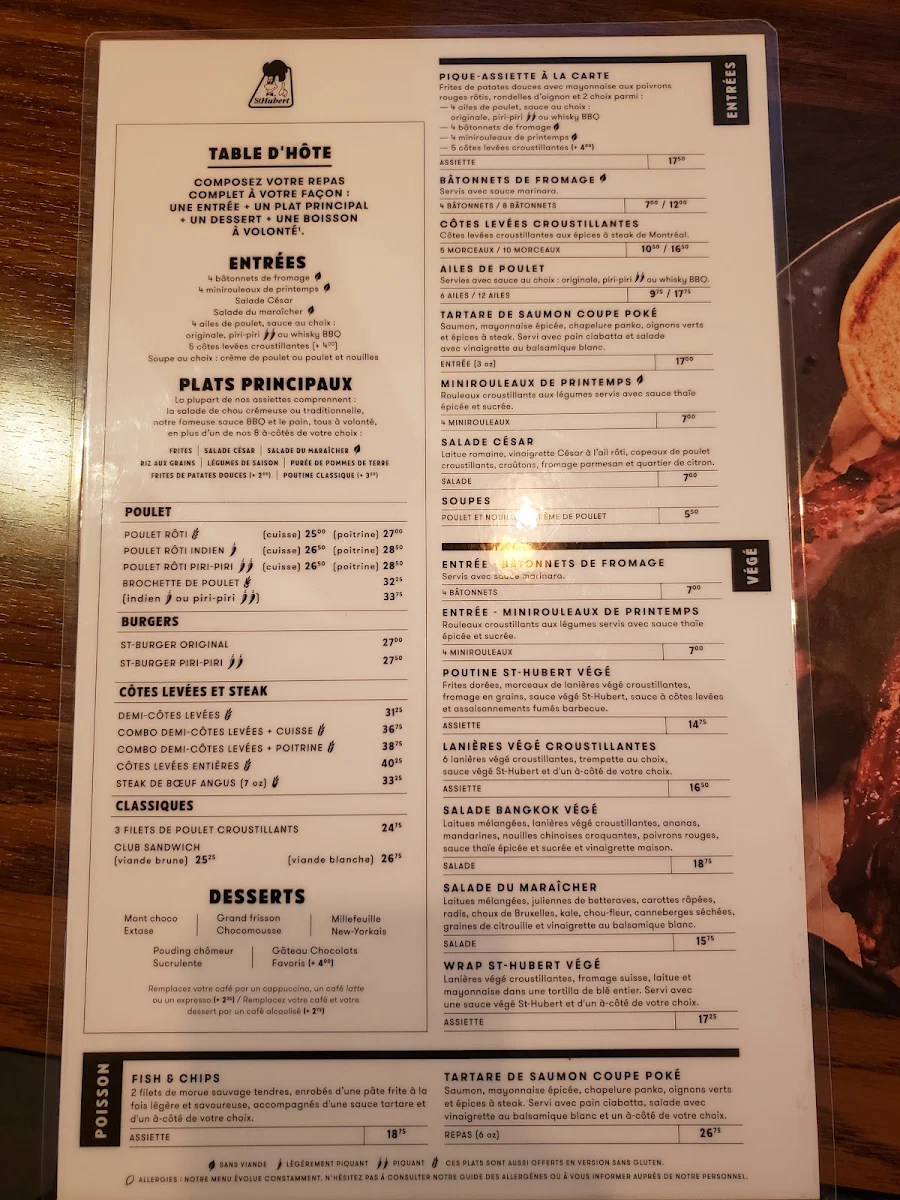 Menu, Rôtisserie St-Hubert