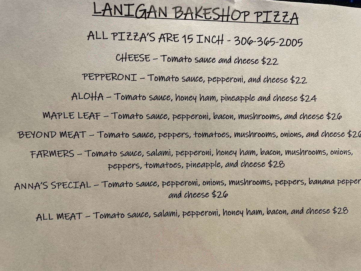Menu, Lanigan Bake Shop
