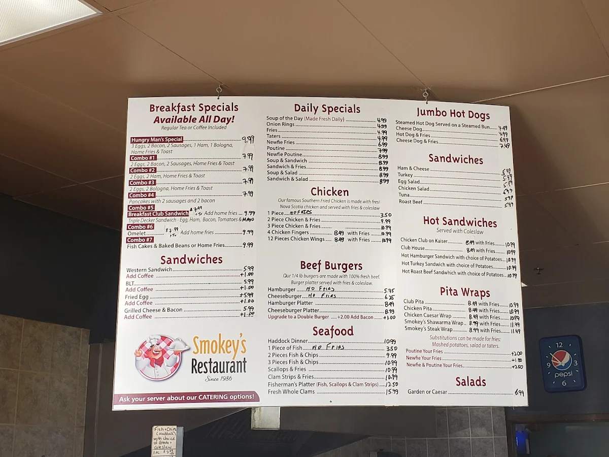 Menu, Smokey's Restaurant