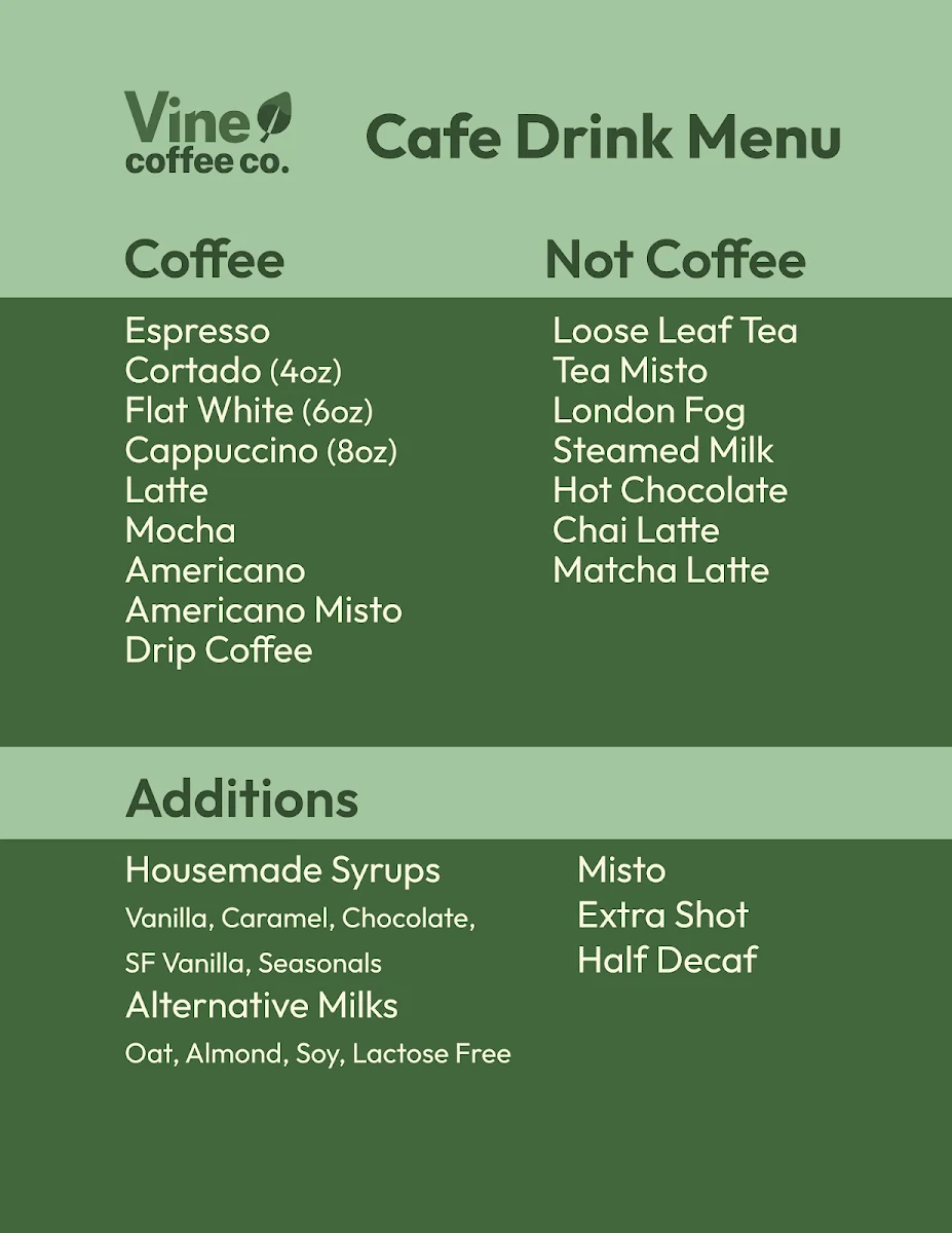 Menu, Vine Coffee Roasters