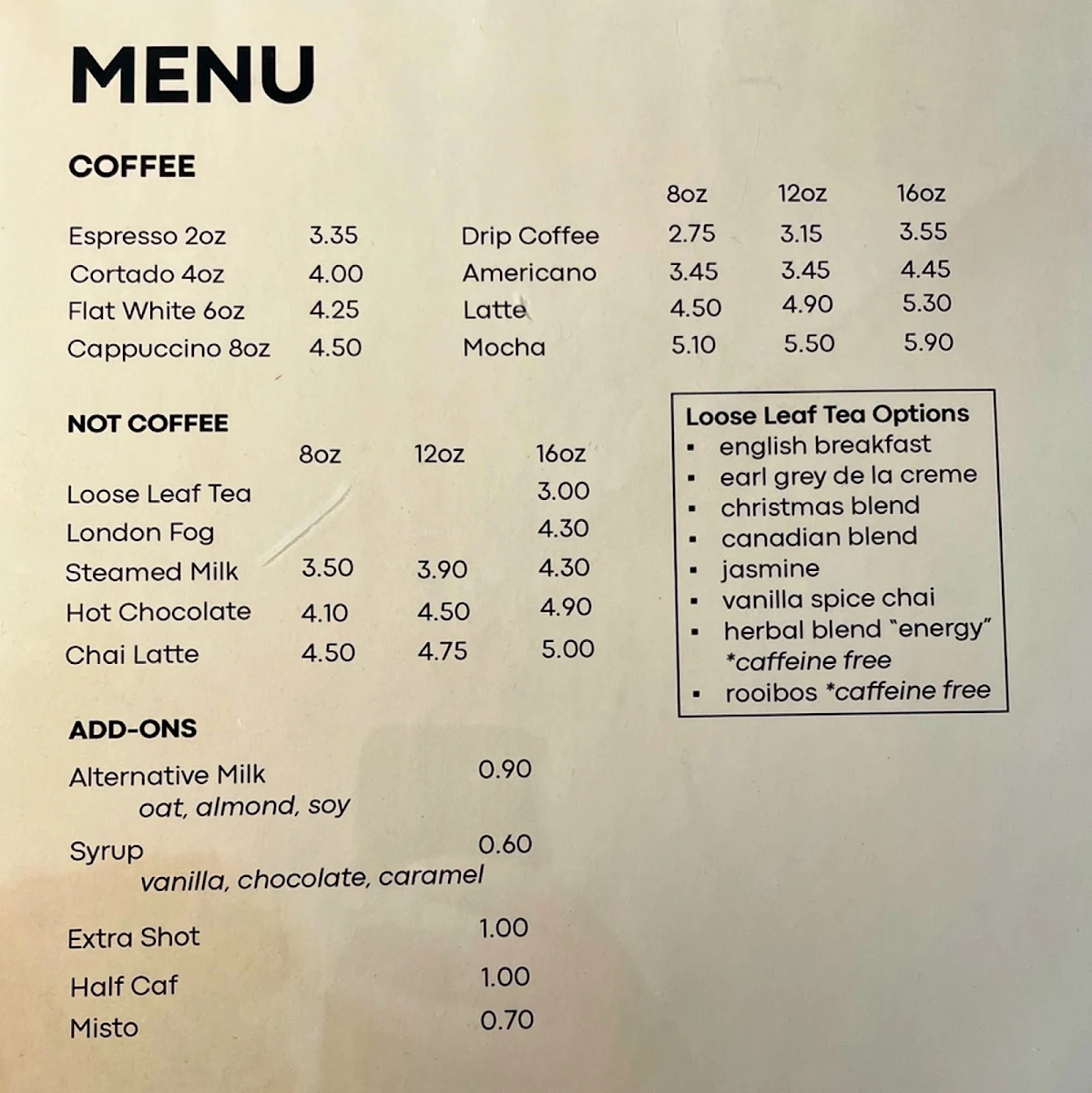 Menu, Vine Coffee Roasters